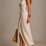 Tatiana | Vestido Midi en Lino Natural con Escote Cruzado y Encaje